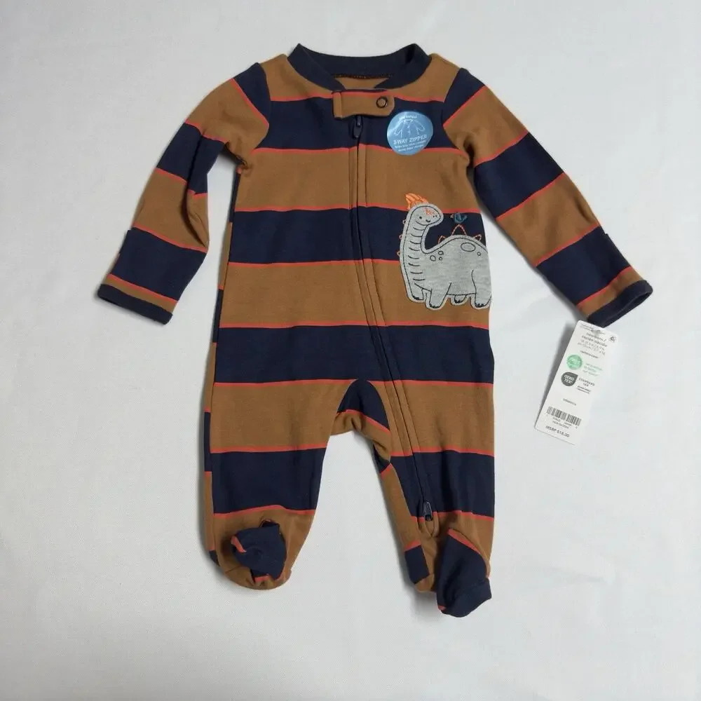 Carter's Dinosaur 2-Way Zipper Sleeper Brown Navy Blue Stripes Size Newborn